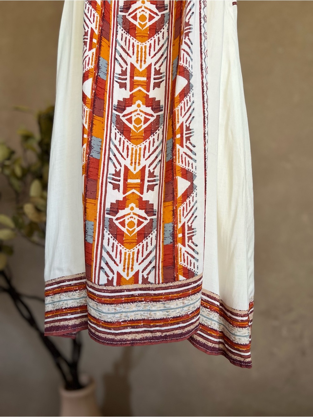 Boho White Mini Sun Dress with Orange and Turquoise Geometric Racerback Design - Picture 4 of 13